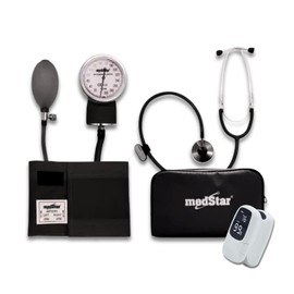 MEDSTAR | Baumanómetro con Estetoscopio Simple Gris + Oximetro Blanco de Pulso Ligero para Dedo, Adulto e Infantil, Incluye Estuche y Cordón
