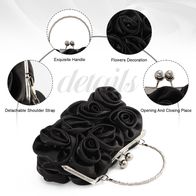 EVEOUT Elegant Satin Flower Evening Handbag with Chain for Women