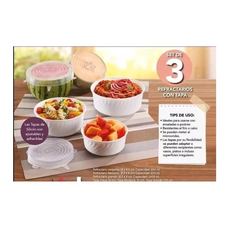 GRUPO EME Set 3 Refractarios Cristal Blanco Opal Con Tapas