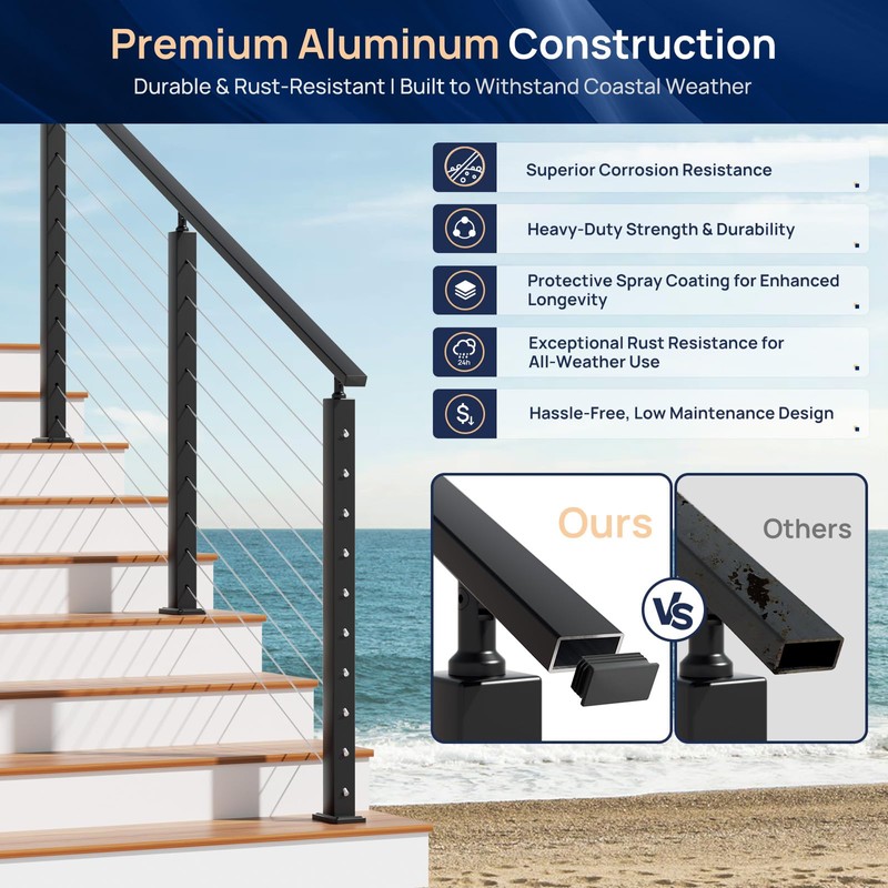 1 Pack 6FTx 2"x1" Aluminum Black Handrail with Self Drilling