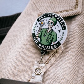 All Oopsies No Daisies Skeleton Retractable Badge ID Holder, Funny RN Badge Reel Swivel Clip, Medical Humor Nurse Badge Holder, All Oopsies No Daisies Skeleton in Scrubs Badge Reel, Hospital Badge
