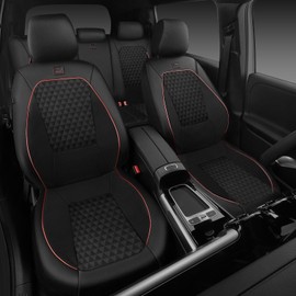 CAR PASS Leather Car Seat Covers Gel Wetsuit PU Full Set Seat Covers Waterproof EVA All Weather Neoprene Universal Fit Pickup SUV Truck Sedan Automotive, Armrest Airbag Compatible, Rhombic Red Strip