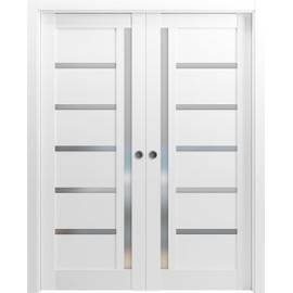 SARTODOORS - French Double Pocket Doors | Quadro 4088 White Silk with Frosted Opaque Glass | Sample of Color