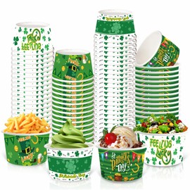 LANCU 60PCS St Patrick's Day Paper Ice Cream Cups 8oz Treat Snack Cups Disposable Soup Bowls Green Shamrock Dessert Bowls for Hot Cold Food Irish St. Patrick's Day Party Supplies