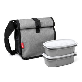 Tatay Urban Food Roll & Go - Insulated Lunch Bag, 4.2 L Capacity, with 2 Plastic Food Storage of 0.5L BPA Free, Denim Grey. Measures 22 x 11 x 22.5 cm