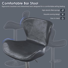 Keyluv Bar Stools Set of 2 Adjustable Swivel Counter Height Barstools Bar Chairs with Backrest and Metal Frame Modern Faux Leather Barstool Chairs for Kitchen Bistro Pub, Retro Black