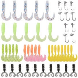 Fishing Worms Bait Jig Set - 48Pcs Soft Grub Worm Lures Kit Fish Lead Heads Jig Hooks Set Assorted Colors Lures for Trout Bass Freshwater Saltwater Fishing
