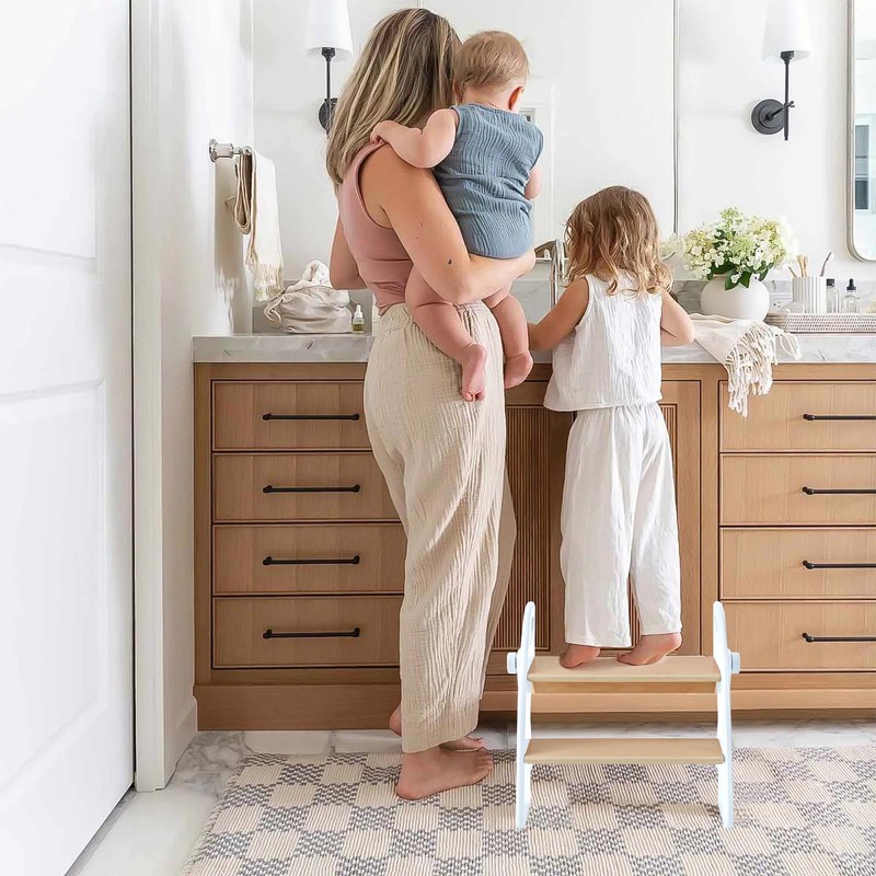 Wooden 2 Step Stool for Kids Bathroom Sink Foldable Anti-Slip