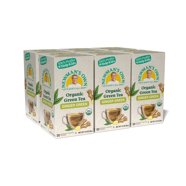 Newman's Own Organic Ginger Green Tea Green Tea with 20 Individually Wrapped Tea Bags Per Box (Pack of 6) USDA Certified Contains Caffeine Brew Hot