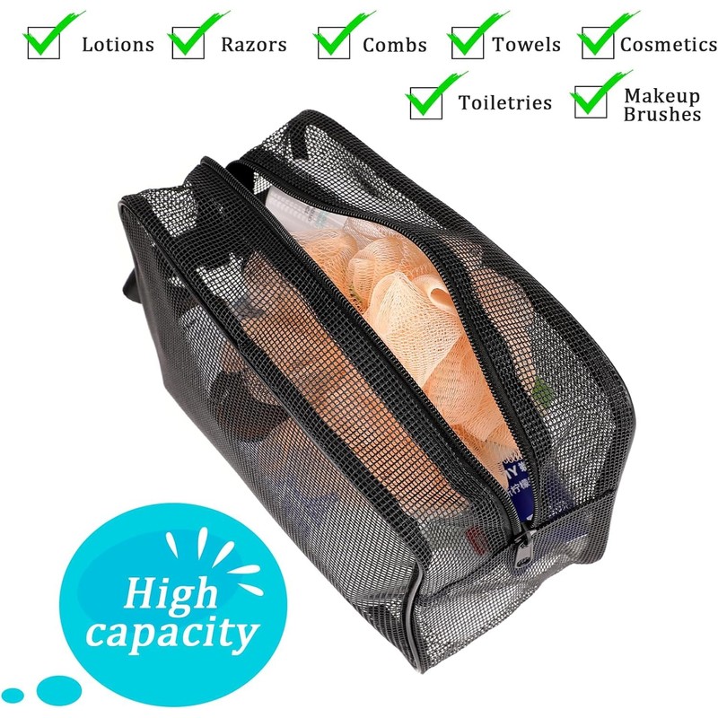 1PC Black Mesh Shower Caddy Toiletry Bag, Dorm Room Portable