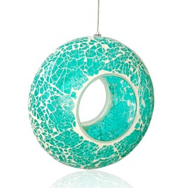 Bird Feeder Mosaic Fly Through Bird Feeder for Outside Hanging with Round Shape Glass Feeders to Attract Wild Birds for Garden, Deck, Yard, Backyard and Porch Decor, 6.8-Inch