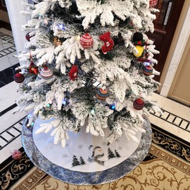 WEWILL 48ââ‚¬ââ‚¬ Luxury Silvery Christmas Tree Skirt with Satin Border Embroidered Snowman Snowflake Xmas Tree Skirt Themed with Christmas Stockings(Not Included)
