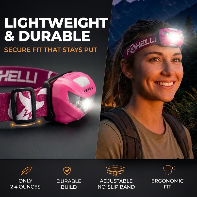 Foxelli USB-C Rechargeable LED Headlamp – Super Bright, Lightweight Head