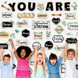 Weekgrat 45 Pcs Eucalyptus Affirmation Station Bulletin Board Set Motivational Posters Classroom Mirror Growth Mindset Decor Positive Affirmations Accents Cutouts for School Office Home Teacher Wall