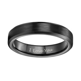 I Love You Rings for Men Women Tungsten Carbide Wedding Band Black Thin Brush Beveled Edge Comfort Fit Size 7