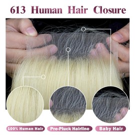 Topnormantic 613 Lace Closure, Invisible Swiss 5x5 Lace Closure Pre Plucked with Baby Hair Free Part Blonde Color 12A Grade Brazilian Straight Human Hair Lace Frontal Closure 16 Inch