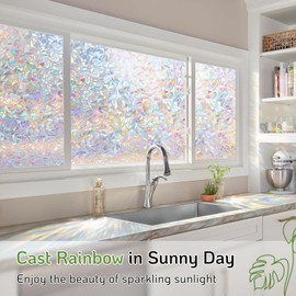 LUTE Window Privacy Film, Rainbow Window Film, 3D Decorative Stained Glass Cling, Non-Adhesive Vinyl Static Cling Removable Glass Stickers, Sun UV Blocking Decal Covering for Home, 17.5 x 78.7 inches