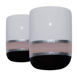 Bling Art False Nails French Manicure Gel Glitter Flower Glossy Tips 24 Full Cover Medium UK (Black White Glossy)