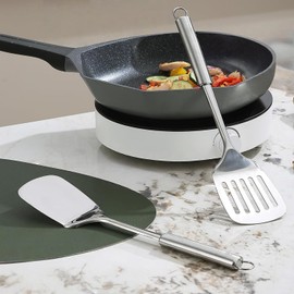 Heanvmyss 2 x stainless steel spatulas, stainless steel spatulas, metal spatula with slot, solid spatula for fish, eggs, pancakes (silver)