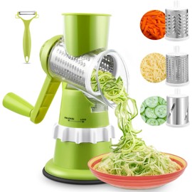 Strixorn Stainless Steel Vegetable Slicer with Mandolin, Cheese Grater and 3 Interchangeable Blades - Manual Drum Grater for Salad, Nuts, Fruit and Pizza
