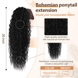 FLUFYMOOZ Ponytail Extension, 26 Inch Bohemian Style Drawstring Ponytail Hair Extensions for Women, Long Curly Wavy Ponytail Natural Synthetic Hairpiece for Women (26 Inch Natural Black)