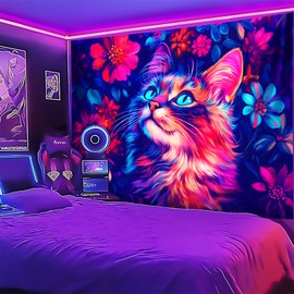 Cat Blacklight Tapestry,Animal Tapestry Glow In The Dark,UV Reactive Black Light Upright Posters Wall Hanging for Bedroom Dorm Living Room Backdrop Decor 79" x 59"
