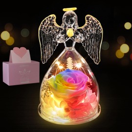 GENNISSY Angel Rose Sculpture, Multicolor Preserved Flower in Glass Figurines with LED Light, Mom Gifts from Daughter