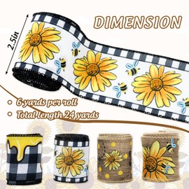 JarThenaAMCS Sunflower Bee Wired Edge Ribbon Bumble Bee Flower Plaid Ribbon Summer Decorative Fabric Ribbons for Wreath Bow Making DIY Crafts Wrapping, 4 Rolls, 24 Yard