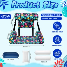 Threehoney 2 Pack Large Pool Chair Floats Adult Inflatable Pool Lounge Chair Summer Pattern Water Floating Chair Adjustable Pool Float Hammock for Swimming Pool Beach Party Game(Green Leaves)