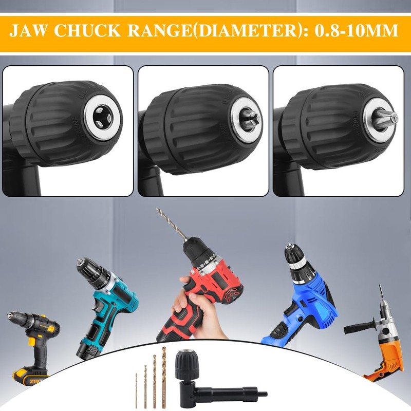 Right Angle Drill Attachment 90 Degree Adapter, 0.8-10mm Keyless Chuck