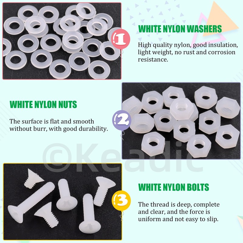 Keadic White Nylon Countersunk Machine Screws, Flat Head Machine Screws