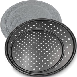 SYXLTSH Pizza Pan with Holes, with Heat Resistant Silicone Mat, Non Stick Carbon Steel Pan for Oven Black (Black, 12 IN & 9IN (Set of 2))