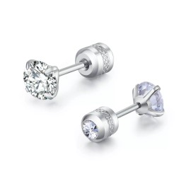 Unbranded CZ 5mm Prong Set Stud Earrings w/ CZ Screw Back -Made of Surgical Steel (2) Pair