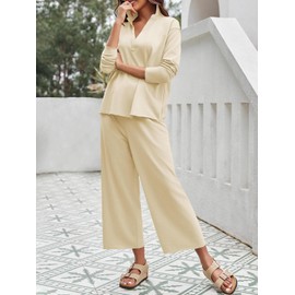 Imily Bela Womens 2 Piece Outfits Sweatsuit Long Sleeve V Neck Sweatshirt Wide Leg Cropped Pants Lounge Set Tracksuit