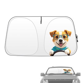 Windshield Sun Shade, Funny Puppy Foldable Car Front Window Covers, Sun Heat UV Rays Visor Protector Protection for Universal Cars, Trucks, and SUVs, Silver Coated on Both Sides（L, 63 * 35in）