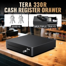 Tera 13" Auto Open Cash Register Drawer Heavy Duty Fully Removable Insert Tray 5 Keys 4 Bill 6 Coin Media Slot 24V RJ12 Key-Lock (Round Corner) for POS System Small Business 330R