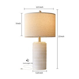PoKat 23'' Bedside Table Lamp for Bedroom Nightstand - Ceramic Lamp for Living Room, White Night Stand Light Lamp with Round Linen Shade, Modern Bedroom Lamp Beige