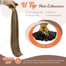 Sunny Hair U Tip Hair Extensions Human Hair Invisible Keratin Hair Extensions Straight Hair Extensions for Women 50G Medium Brown with Strawberry Blonde 18inch