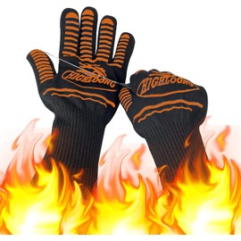 1472°F Extreme BBQ Gloves Grill Gloves Oven Safety Gloves, Cut Resistant BBQ Gloves with Non-Slip Silicone for Grilling, Frying, Baking, Fireplace, Cooking (2 pieces set) (Orange Strips Long)