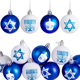 12pcs 2 inch Hanukkah Ball Ornaments,Star of David Hanukkah Ornament Balls,White and Blue Jewish Menorah Ornaments for Tree Decorations (Blue)