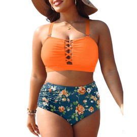 Daci Women Orange and Flower Plus Size Two Piece Bikini Swimsuit High Waisted Tummy Control Bottom Bandeau Lace Up Bathing Suit 16W