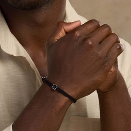 KARMA AND LUCK Black Macrame Onyx Unisex Bracelet, Large, Stainless Steel Link