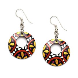 Hand painted white petals and golden colour flowers coconut shell open hoop drop earrings