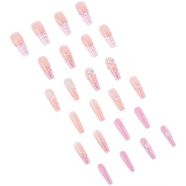 IMRAIN Valentine's Day Press on Nails Long Coffin Fake Nails Pink French Tips Glossy Glue on Nails Full Cover Cute Heart & Bow Designs Artificial Stick on False Nails Ballerina Reusable Nail Kit