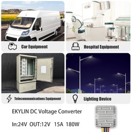 DC 24v to DC 12v Step Down 15A 180W Truck Car Power Supply Adapter Converter Reducer Regulator for Auto Car Truck Vehicle Boat Solar System etc.(DC15-40V Inputs)