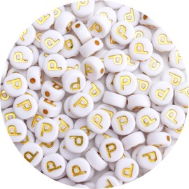 Siomia 100Pcs Letter Beads 4x7mm White Round Acrylic Gold Alphabet Beads Letter P Beads for Jewelry Making DIY Bracelets Necklaces Key Chains