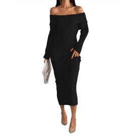 LILLUSORY Women Fall Off The Shoulder Baby Shower Midi Sweater Dress 2025 Wedding Guest Long Sleeve Bodycon Date Night Outfit Black L