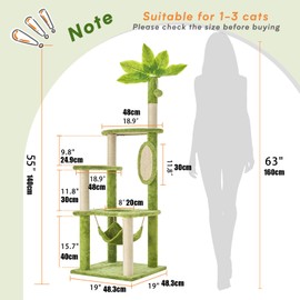 TSCOMON 55 inch Large Cat Tree Tower with Green Leaf, Cat Tree for Adult with Hammock, Scratching Posts, Pompom, Scratching Board, Cat Shaped Design, for Living Room, Bedroom