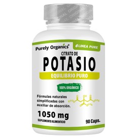 Citrato de Potasio 1050mg, cápsulas de gelatina vegetal. Potasio con pimienta negra para una alta biodisponibilidad. Bote con 90 Cápsulas. Purely Organics.