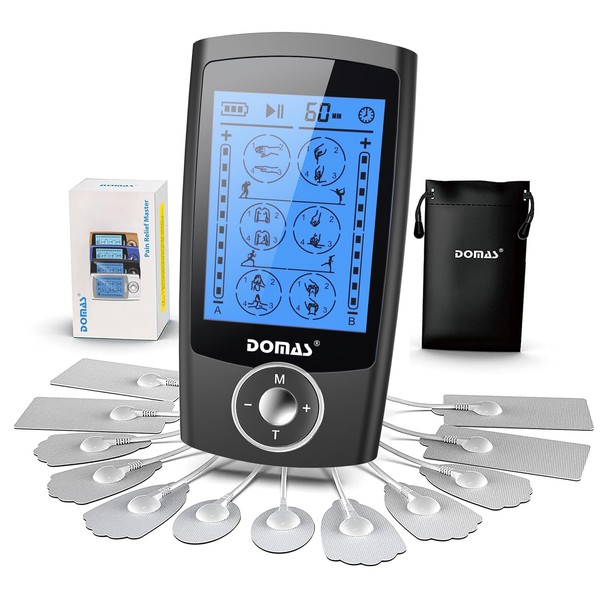 DOMAS TENS Unit Muscle Stimulator with 24 Modes Rechargeable TENS EMS Device Electronic Pulse Massager Physical Therapy Equipment with12 PCS Electrode Pads for Natural Pain Relief